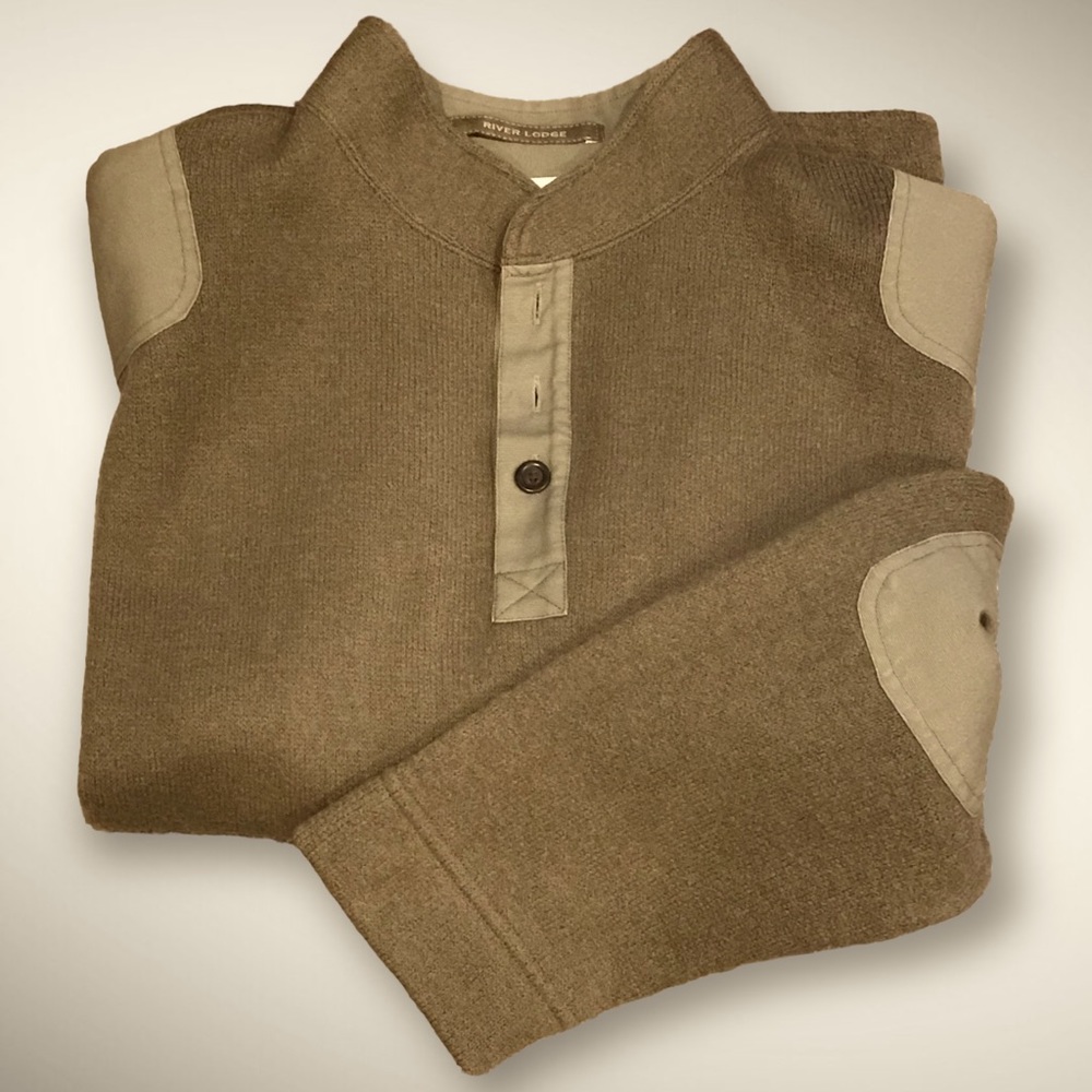 Men's COLUMBIA River Lodge 1/4 Button Up Olive Green Sweater w/ Patches - XXL